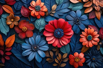 Fototapeta premium Crimson and azure flowers with textured petals, combined with colorful woodcarvings in a hyper-detailed 3D style on a dark blue backdrop.