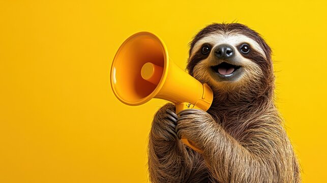 Smiling sloth holding megaphone, yellow background, announcement, marketing