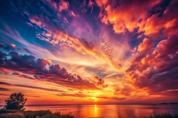 Fototapeta premium Vibrant Sunset Sky: Vintage Gradient Orange Pink Purple Dusk Horizon Background