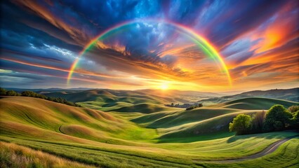 Obraz premium Vibrant Swirling Rainbow Landscape: Magical Gradient Sky and Rolling Hills Stock Photo