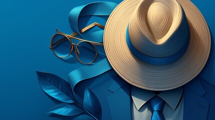 Father's day celebration with stylish hat, glasses, and tie on vibrant blue background – high-resolution festive still life