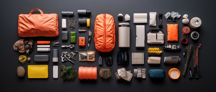 Top view of emergency preparedness items arranged on a black surface for natural disaster situations