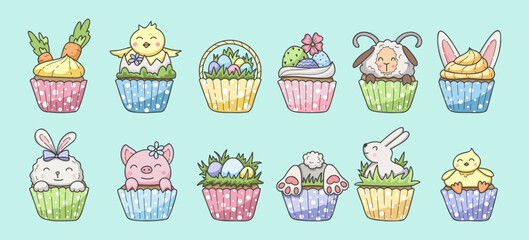 Set of flat vector cupcakes for Easter day. Cute Easter illustrations with bunnies, chickens, egg basket, Easter eggs, sheep and piglet. Design elements perfect for holiday decoration and greeting car
