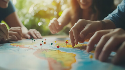Obraz premium Planning the Next Adventure: A group of friends gather around a detailed map, exploring potential travel destinations and marking locations with colorful pins.