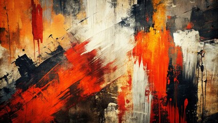 Naklejka premium Vintage Abstract Bold Colorful Paint Strokes: Black, White, Red, Orange Modern Art Texture
