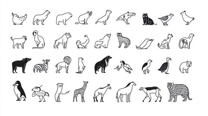 Fototapeta premium Animal silhouettes, diverse species, white background, icon set, perfect for illustrations