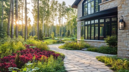 Fototapeta premium A beautifully landscaped garden with a winding stone path leading through vibrant greenery