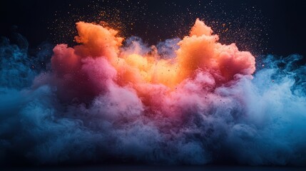A vibrant explosion of colored smoke creates a dramatic visual effect.