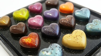 A unique and artistic collection of heart-shaped chocolates, crafted with intricate designs and luxurious flavors, perfect for expressing love and affection.