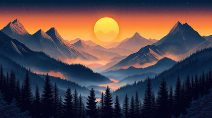 Obraz premium A breathtaking sunset over a majestic mountain range, casting golden light over misty valleys and dense forests, creating a serene and timeless landscape.