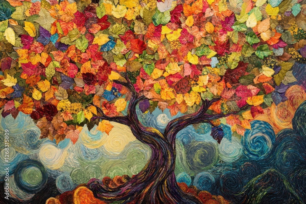 Poster dynamic wallpaper showcasing a colorful tree with hanging leaves, surrounded by swirling abstract pa
