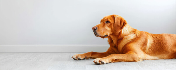A calm golden retriever lies on a light-colored floor, gazing thoughtfully at the wall in a serene indoor setting.