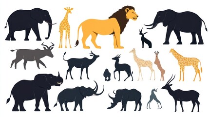Fototapeta premium African savanna animals silhouettes, wildlife collection, illustration