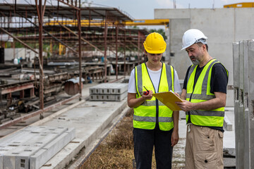 A male engineer gives safety advice to his female trainee in a floor making factory. Senior supervisor discusses with his assistant or clerk checking the concrete wall production system