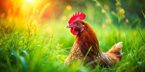 Fototapeta premium Vintage Countryside Hen: Red-Crested Bird in Morning Grass