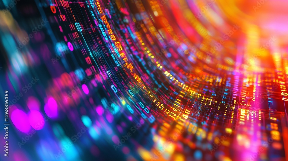 Poster abstract digital data stream colorful vibrant neon glowing lines technology background futuristic mo