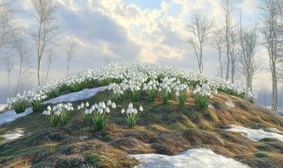 Naklejka premium A serene winter landscape featuring a hill covered in blooming snowdrops under a cloudy sky
