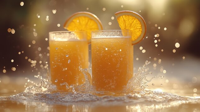 Refreshing orange drinks splashing in sunlight with citrus garnishes, ideal for summer enjoyment
