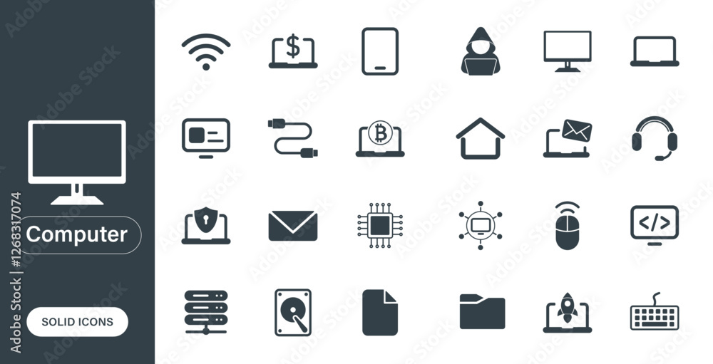 Poster solid vector icons on computer, technology, peripherals, storage.