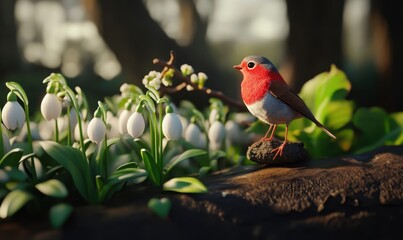 A vibrant bird perched on a rock amidst blooming snowdrop flowers in a serene forest setting