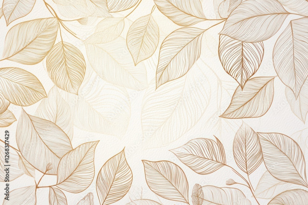 Poster elegant vector wallpaper with intricate gold leaves drawn in line art style over a soft textured nat