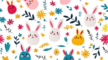 Playful Pattern Featuring Colorful Bunnies and Flowers on White Background