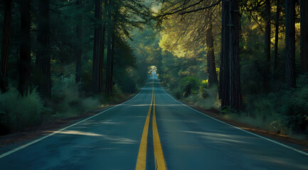 Fototapeta premium Journey Through Nature: A captivating view of an open road stretching straight through a lush, verdant forest, illuminated by beams of sunlight filtering through the trees.