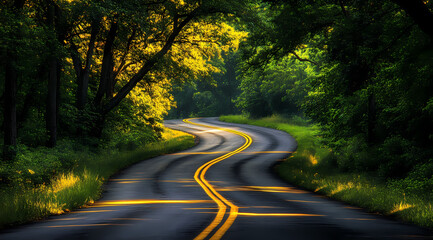 Obraz premium Winding Road Through Forest: An inviting road snakes through a dense forest canopy. The golden sunlight casts dappled light creating an enchanting and picturesque journey.