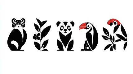 Fototapeta premium Geometric animal icons panda, red panda, puffin, plants. Nature design