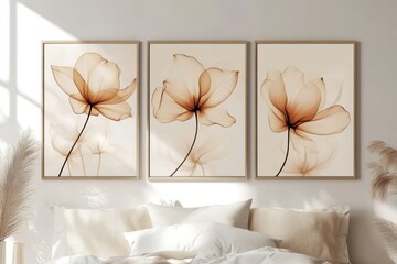 ertical posters featuring delicate full color flowers drawn in smoky line art style, each poster highlighting a single bloom like a flower with soft neutral backgrounds