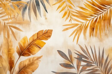 Exotic plant-themed wallpaper design with watercolor tropical leaves in earthy browns and yellows, enhanced with fine golden line art for a modern look