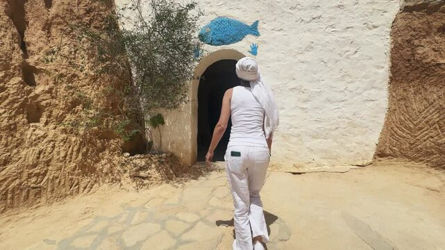 Woman dressed in white explores a traditional Berber troglodyte house in Matmata, Tunisia