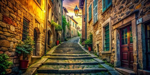Fototapeta premium Vintage Narrow Street Staircase Old Town - Historic Architecture Stock Photo