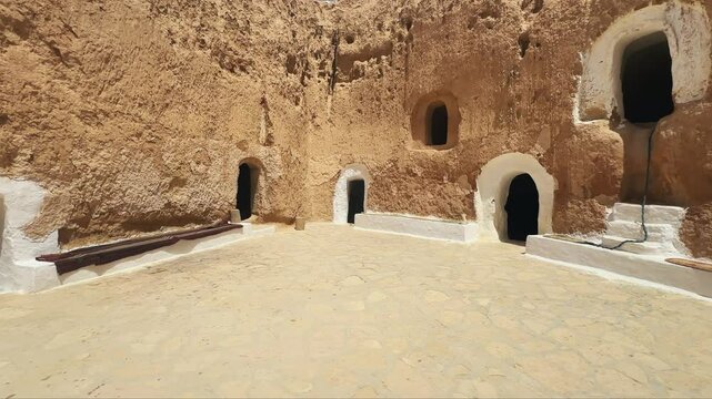 Unique view of Berber village dwellings homes built into a desert hillside in Matmata, Tunisia