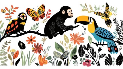 Monkey, toucan, parrot jungle rainforest illustration, kids book