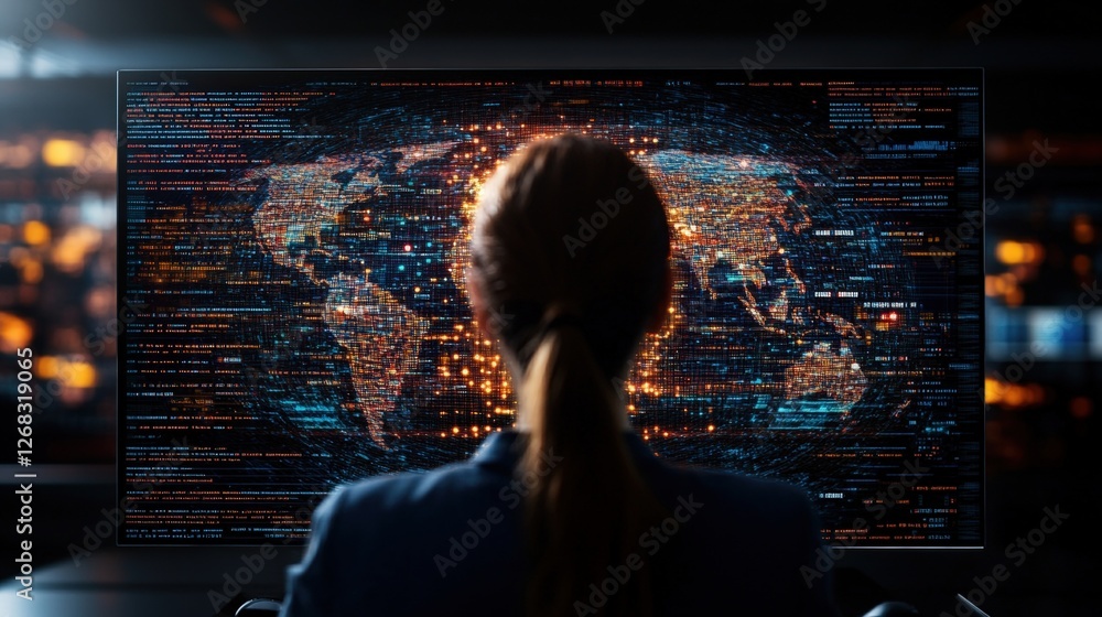 Poster woman analyzing global data on a computer screen displaying a detailed world map and statistics