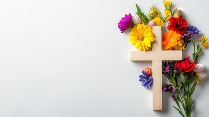 Fototapeta premium Wooden Cross Surrounded by Colorful Spring Flowers and Eggs