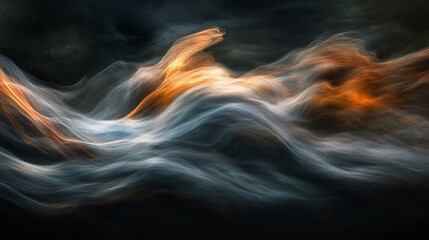 Abstract swirling smoke cloudscape in dark orange, grey, and blue hues.
