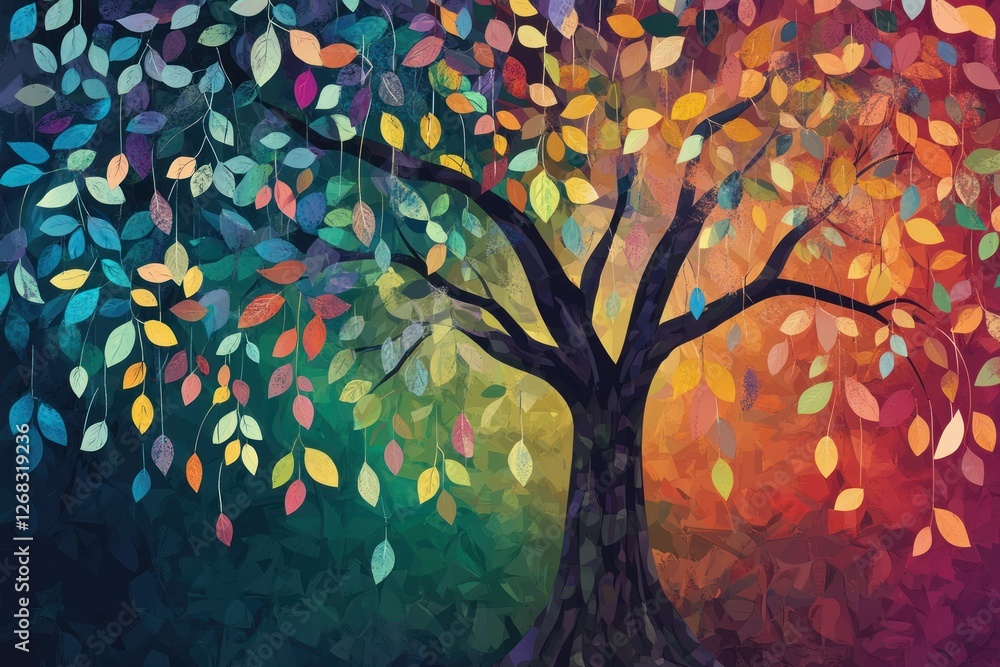 Poster floral abstract design featuring a tree with hanging branches adorned with multicolored leaves for a