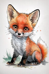 Obraz premium A lively watercolor painting of a curious young fox with bold colors and expressive eyes. Perfect for nursery decor, children's books, wildlife prints, and nature-inspired artwork.