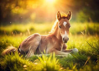 Vintage Photo: Resting Foal on Green Grass - Peaceful Farm Animal Scene