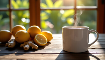 Steaming mug of tea with lemons and ginger on rustic table - A warming drink for health, wellness, and immune support imagery