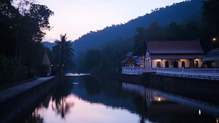 Fototapeta premium Serene twilight at a temple by a calm river reflecting the mountain and buildings.