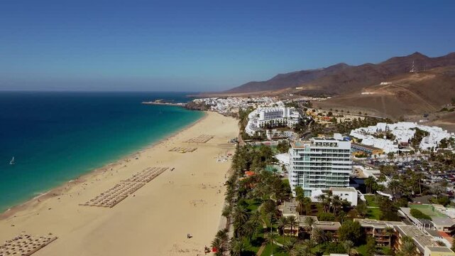 Jandia beach at Morro Jable, Fuerteventura, Spain.  Aerial view. Tourism