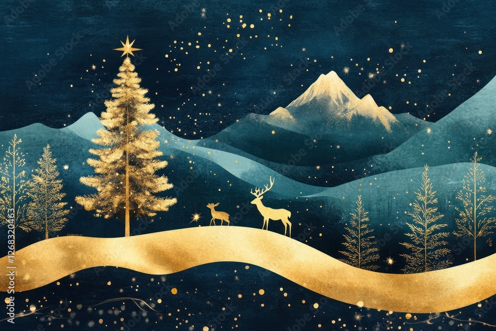 Poster generative ai-created mural depicting a contemporary forest scene on a dark blue canvas with a chris