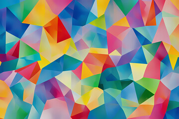 A vibrant digital artwork featuring abstract geometric triangles in shades of blue, green, and purple. Bold, dynamic, and visually stimulating.