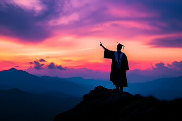 Triumph on the Horizon: A silhouetted figure in a graduation gown stands atop a mountain peak, pointing toward a breathtaking sunset, symbolizing the dawn of new beginnings.
