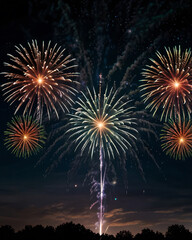 Bright fireworks explode in the dark sky, creating a stunning visual display.