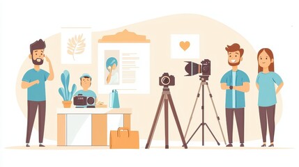 Creative workspace with photographers and equipment in a collaborative environment., social media content creator concept