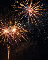 Bright fireworks explode in the dark sky, creating a stunning visual display.